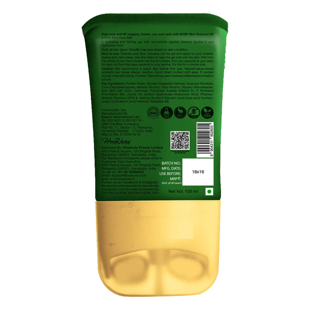 WOW Lift & Firm Aloe Vera Gel infused with Hyaluronic Acid, Vitamin B & E,with Double Roller Massager for firming Cheeks, Neck & Jawline - No Parabens, Silicones, Color & Fragrance - 120 ml