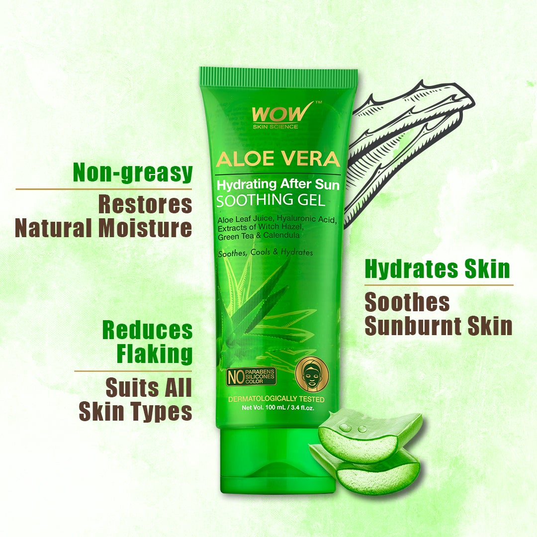 WOW Aloe Vera with Hyaluronic Acid, Witch Hazel Extract, Green Tea & Calendula Hydrating After Sun Soothing Gel - No Parabens, Silicones & Color - 100 ml