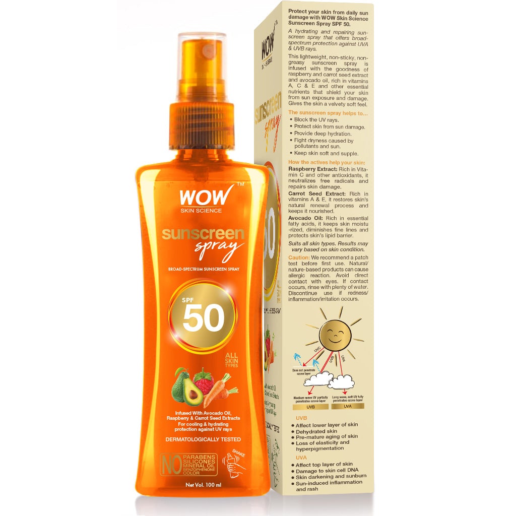 WOW UV Water Transparent Sunscreen Spray SPF 50 - Quick Absorbing,Oil Free,Non Sticky-with Raspberry & Carrot Seed Extract-No Parabens, Silicones, Mineral Oil, Color & Benzophenone - 100 ml