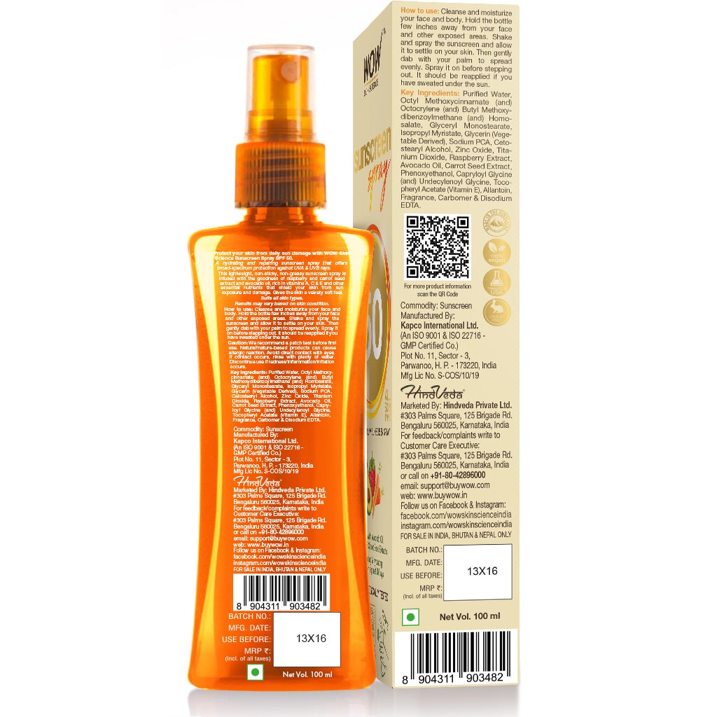 WOW UV Water Transparent Sunscreen Spray SPF 50 - Quick Absorbing,Oil Free,Non Sticky-with Raspberry & Carrot Seed Extract-No Parabens, Silicones, Mineral Oil, Color & Benzophenone - 100 ml