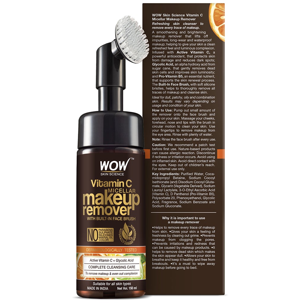 WOW Vitamin C Makeup Remover With Built-In Face Brush (MICELLAR) - No Parabens, Sulphate, Silicones, Mineral Oil, Color - 150mL