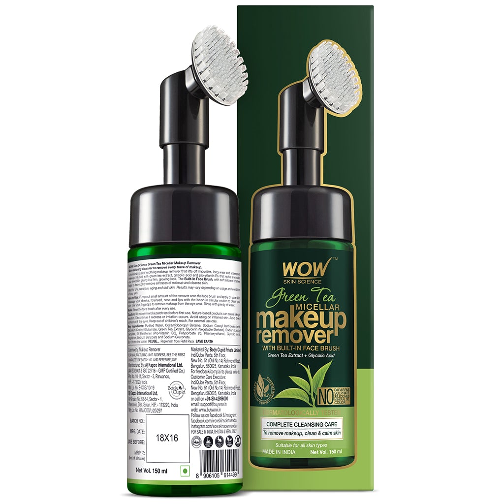 WOW Green Tea Makeup Remover With Built-In Face Brush (MICELLAR) - No Parabens, Sulphate, Silicones, Mineral Oil, Color - 150mL