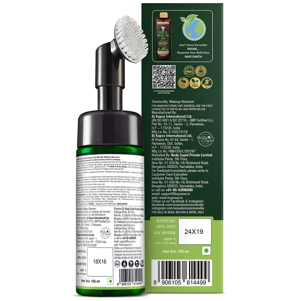 WOW Green Tea Makeup Remover With Built-In Face Brush (MICELLAR) - No Parabens, Sulphate, Silicones, Mineral Oil, Color - 150mL