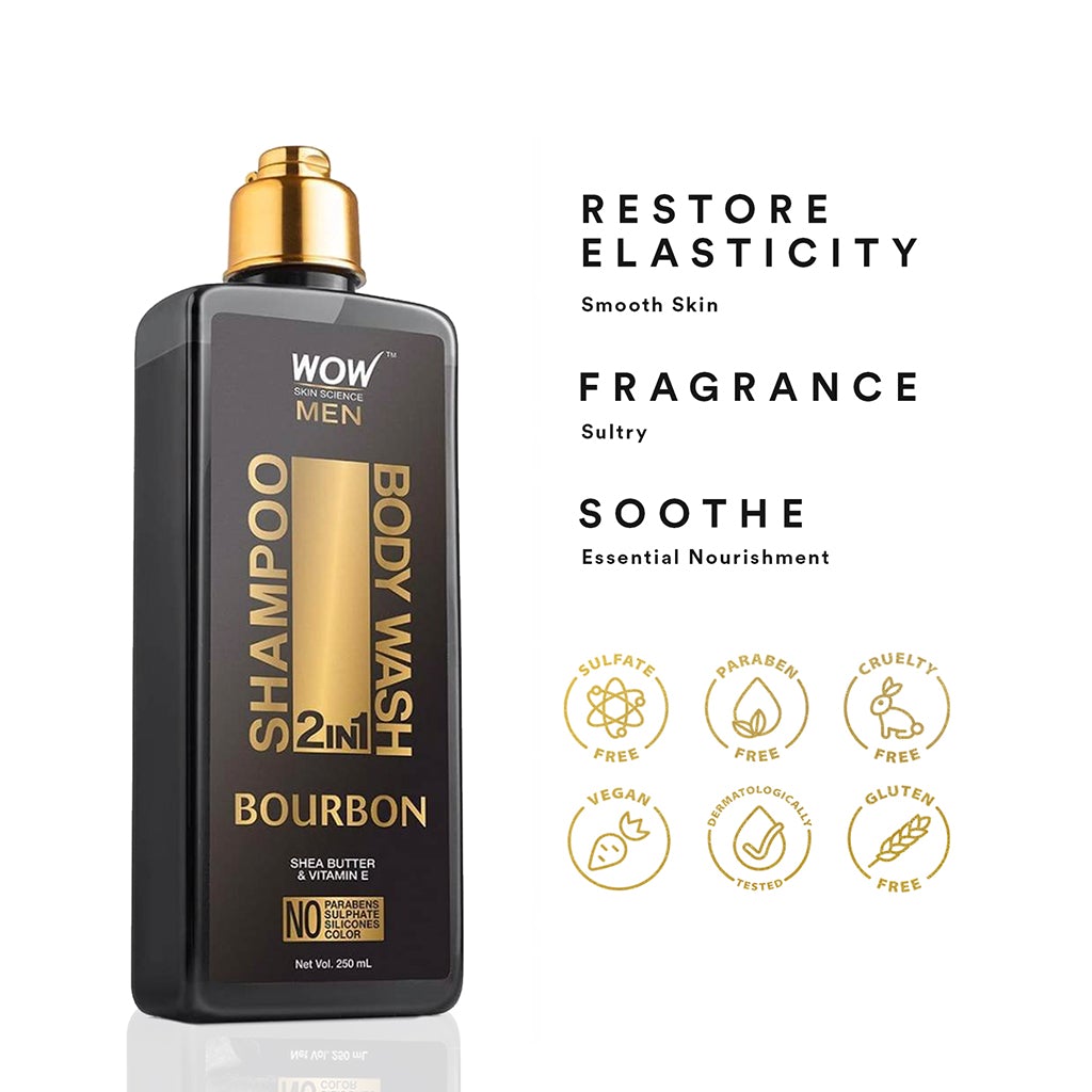 WOW Bourbon 2-In-1 Shampoo + Body Wash - No Parabens, Sulphate, Silicones & Color - 250 ml