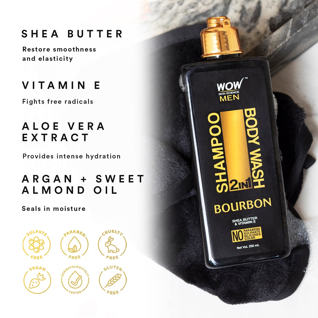 WOW Bourbon 2-In-1 Shampoo + Body Wash - No Parabens, Sulphate, Silicones & Color - 250 ml