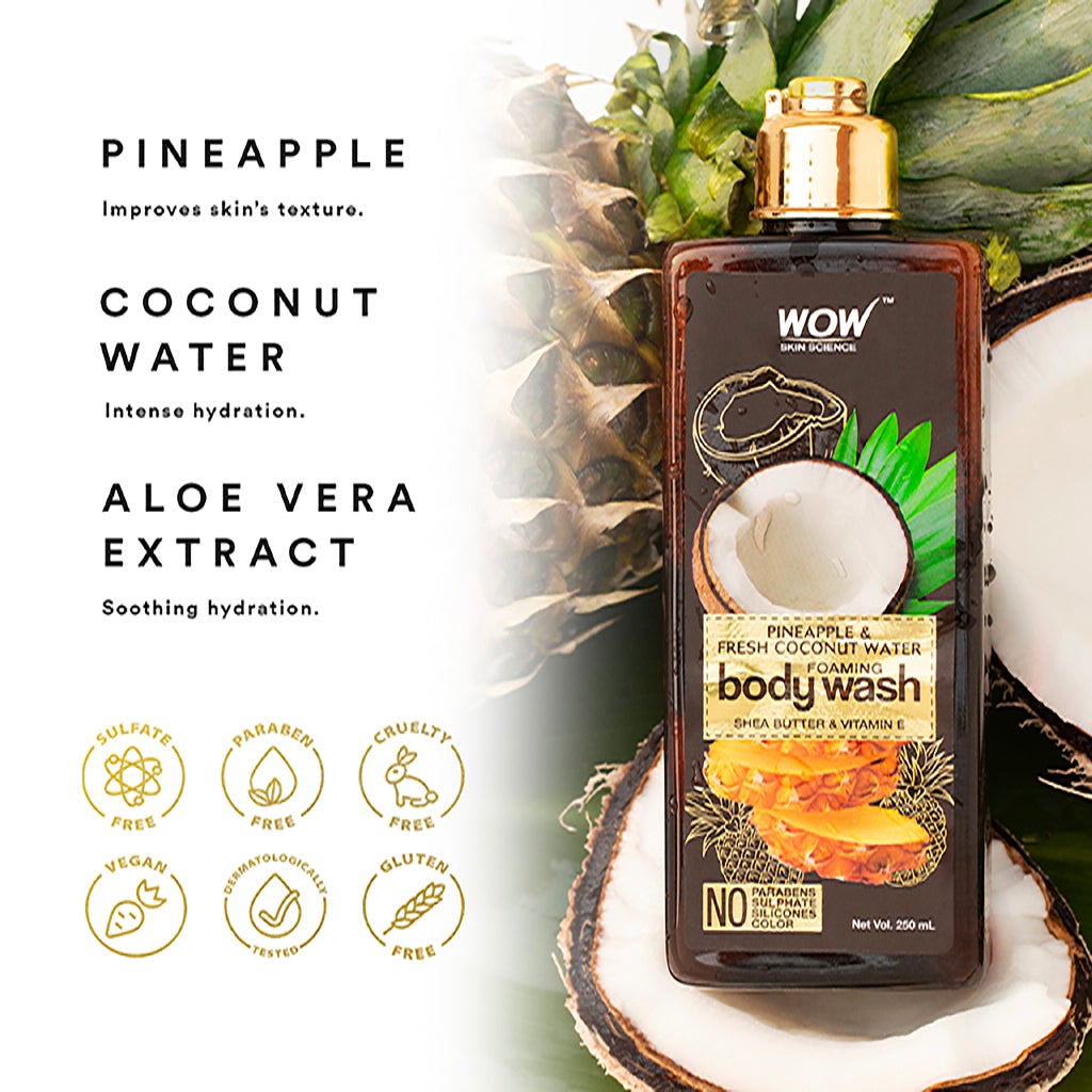 WOW Pineapple & Fresh Coconut Water Foaming Body Wash - No Parabens, Sulphate, Silicones & Color - 250 ml
