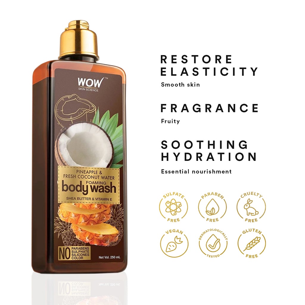 WOW Pineapple & Fresh Coconut Water Foaming Body Wash - No Parabens, Sulphate, Silicones & Color - 250 ml