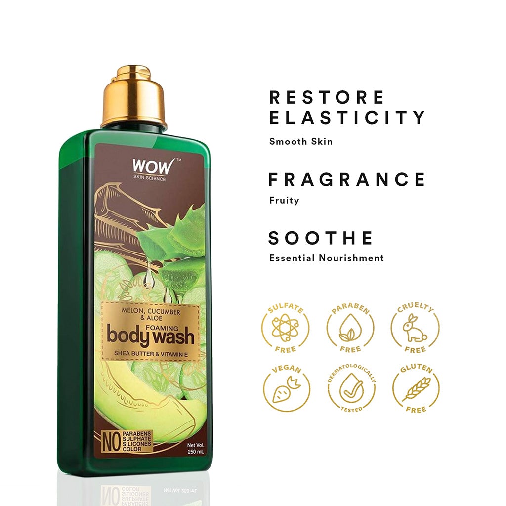 WOW Melon, Cucumber & Aloe Foaming Body Wash - No Parabens, Sulphate, Silicones & Color - 250 ml