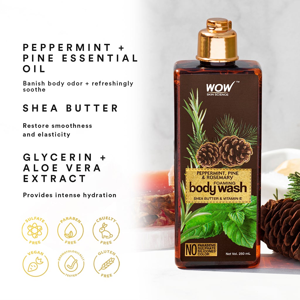 WOW Peppermint, Pine & Rosemary Foaming Body Wash - No Parabens, Sulphate, Silicones & Color - 250 ml