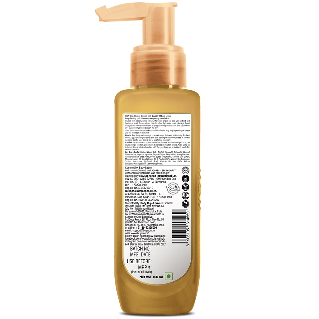 WOW Coconut Milk and Argan Oil Body Lotion - Medium Hydration - No Mineral Oil, Parabens, Silicones, Color & PG - 100 ml