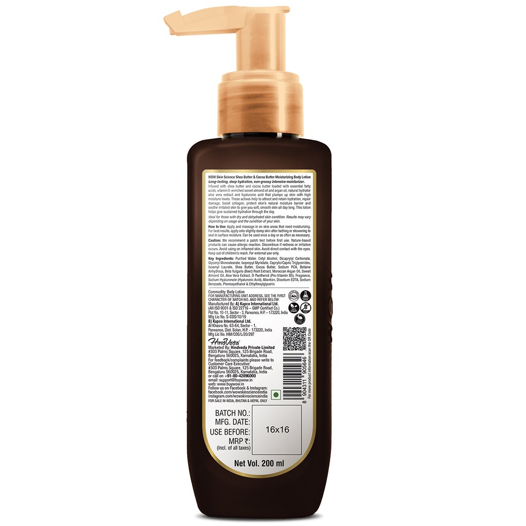 WOW Shea Butter and Cocoa Butter Moisturizing Body Lotion - Deep Hydration - No Mineral Oil, Parabens, Silicones, Color & PG - 200 ml