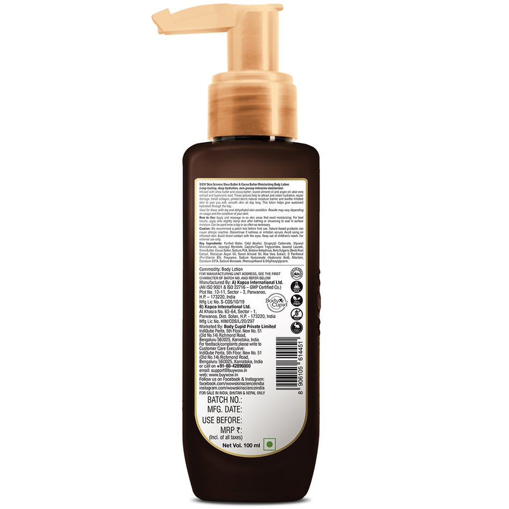 WOW Shea Butter and Cocoa Butter Moisturizing Body Lotion - Deep Hydration - No Mineral Oil, Parabens, Silicones, Color & PG - 100 ml