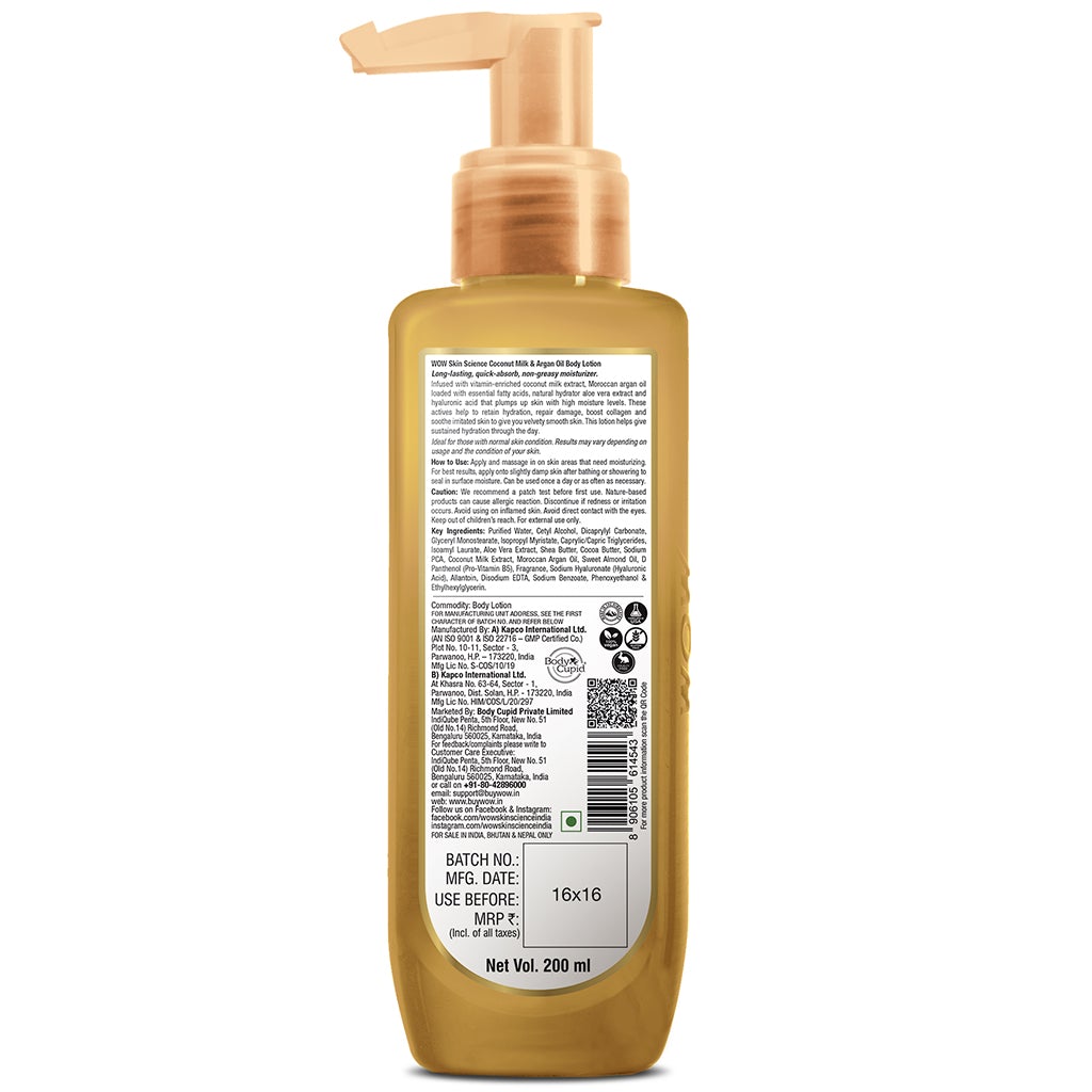 WOW Coconut Milk and Argan Oil Body Lotion - Medium Hydration - No Mineral Oil, Parabens, Silicones, Color & PG - 200 ml