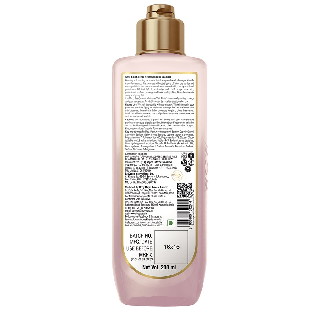 WOW Himalayan Rose Shampoo with Rose Hydrosol, Coconut Oil, Almond Oil & Argan Oil - For Volumnising Hair, Anti Smelly Scalp - No Parabens, Sulphate, Silicones, Color & PEG - 200 ml