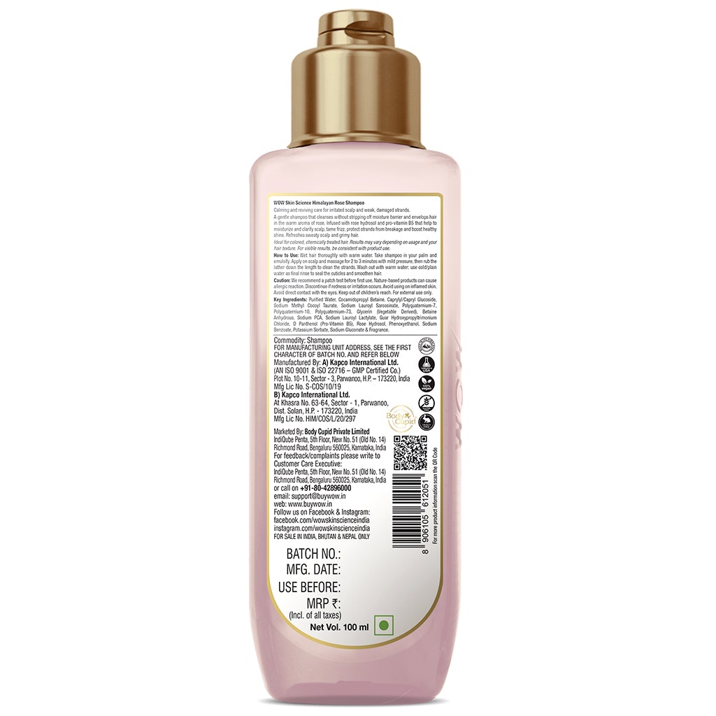 WOW Himalayan Rose Shampoo with Rose Hydrosol, Coconut Oil, Almond Oil & Argan Oil - For Volumnising Hair, Anti Smelly Scalp - No Parabens, Sulphate, Silicones, Color & PEG - 100 ml