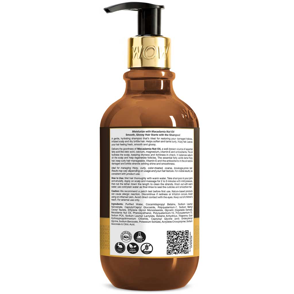WOW Macadamia Nut Oil Shampoo - Deeply Moisturizing - Hydrating & Smoothening Care - No Sulphate, Parabens, Silicones, Color & PEG - 300ml