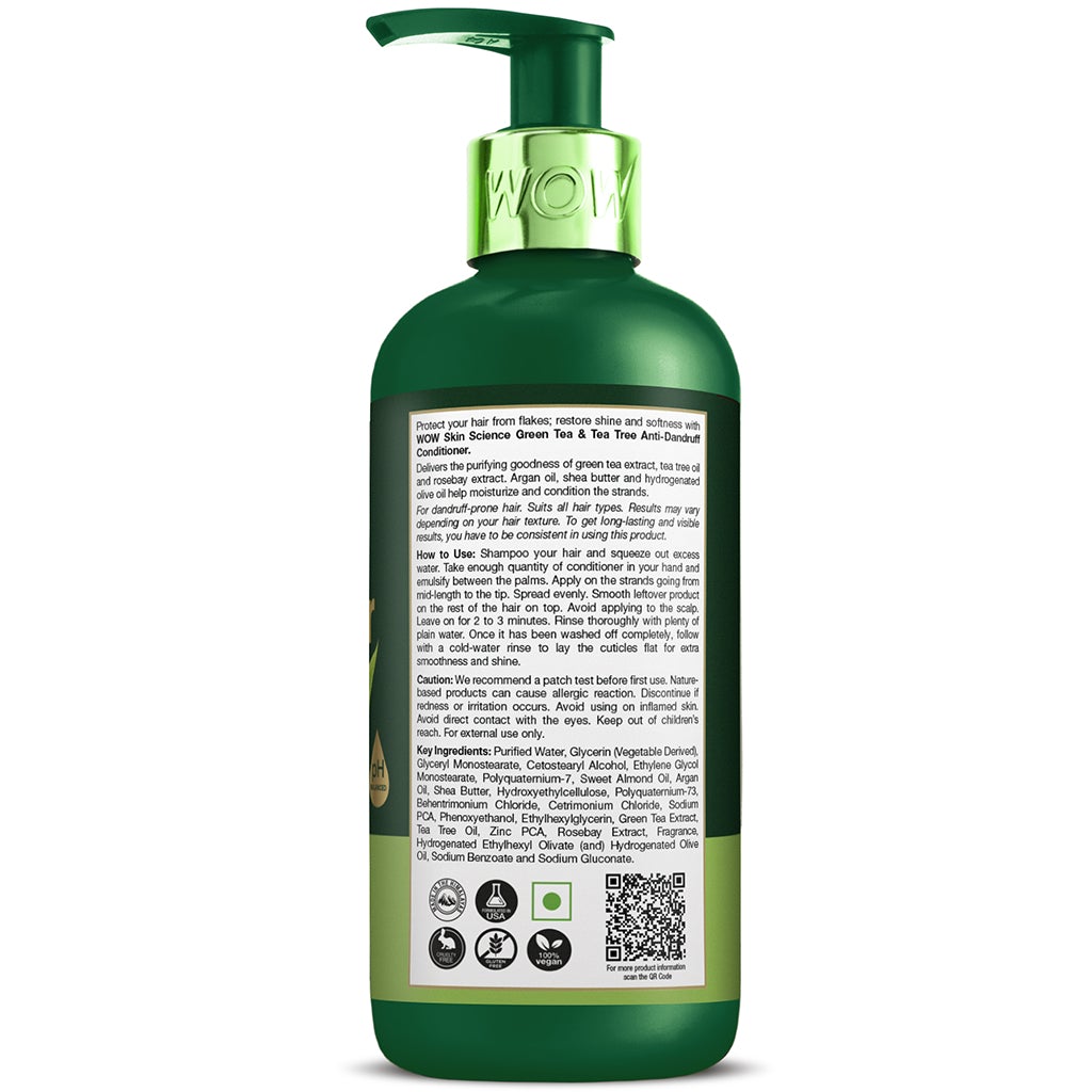 WOW Green Tea & Tea Tree Anti-Dandruff Conditioner - NO Mineral Oil, Parabens, Silicones, Color & PEG - 300 ml