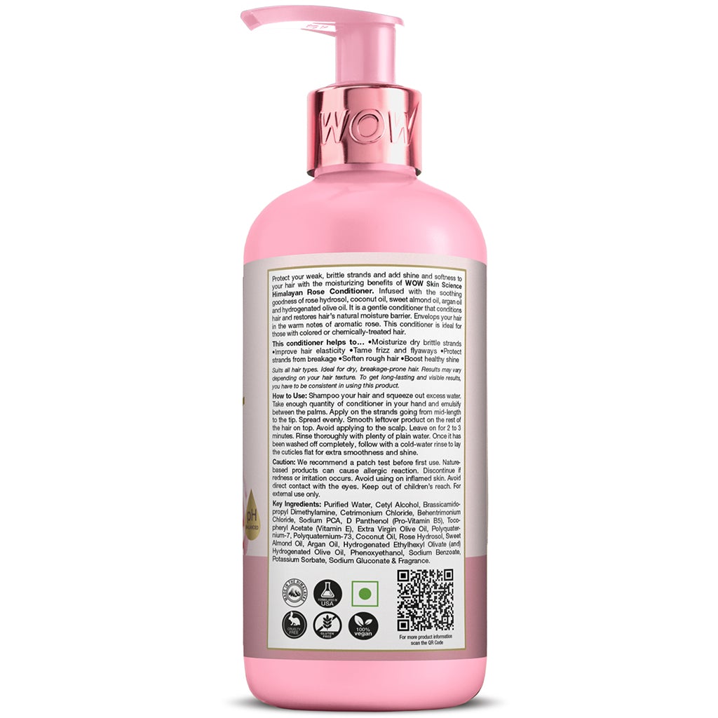 WOW Himalayan Rose Conditioner with Rose Hydrosol, Coconut Oil, Almond Oil & Argan Oil - For Volumnising Hair, Anti Smelly Scalp - No Parabens, Mineral Oil, Silicones, Color & PEG - 300 ml