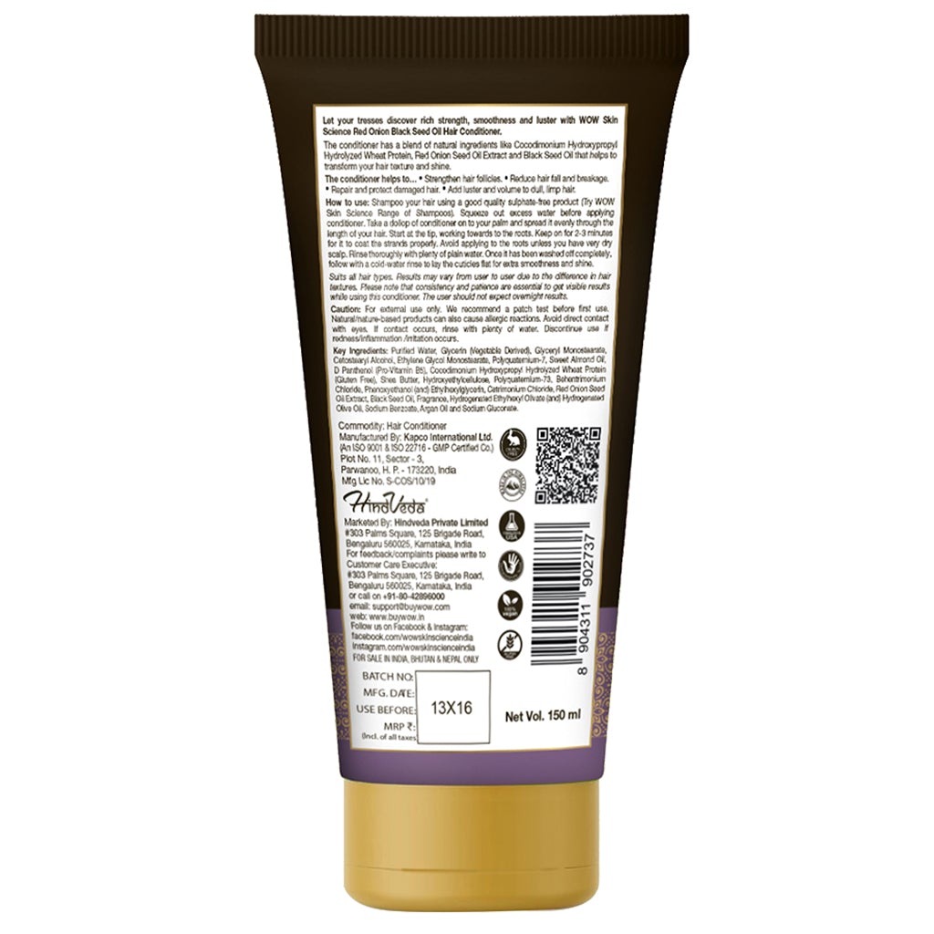 WOW Red Onion Black Seed Oil Hair Conditioner with Red Onion Seed Oil Extract, Black Seed Oil & Hydrolyzed Wheat Protein - No Parabens, Mineral Oil, Silicones, Color & PEG - 150 ml