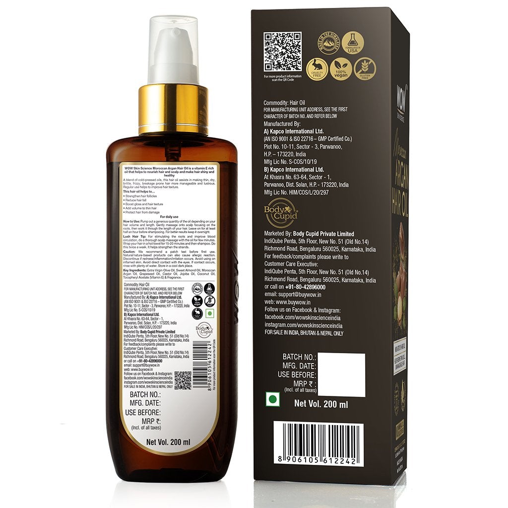 WOW Cold Pressed Moroccan Argan Hair Oil - No Mineral Oil & Silicones - 200 ml