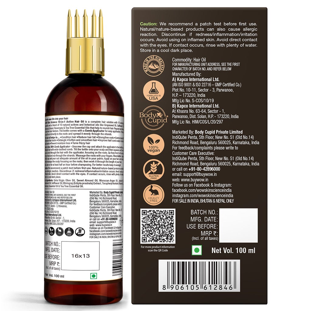 WOW 10 in 1 Active Hair Oil - WITH COMB APPLICATOR - Cold Pressed - No Mineral Oil, Silicones & Synthetic Fragrance - 100 ml