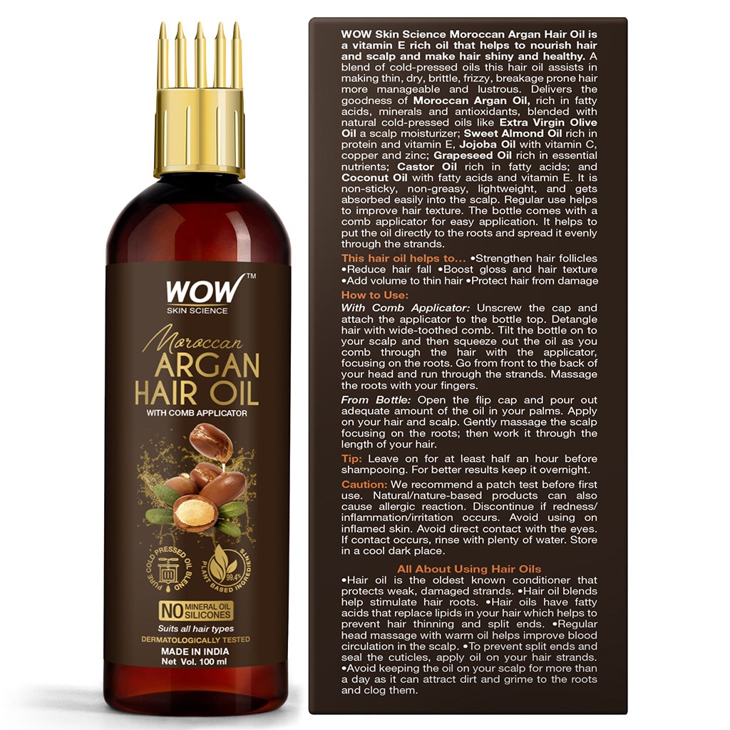 WOW Moroccan Argan Hair Oil - WITH COMB APPLICATOR - Cold Pressed - No Mineral Oil & Silicones - 100 ml
