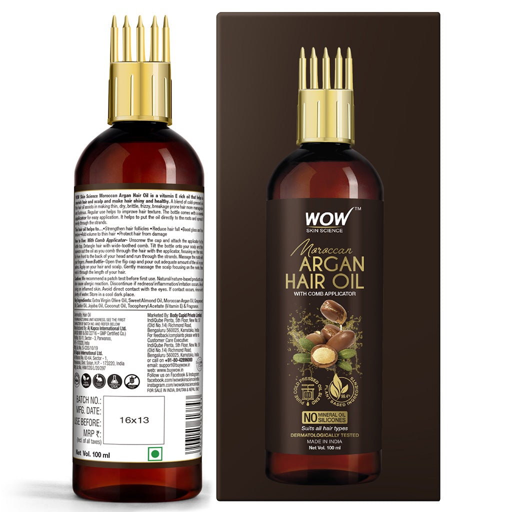 WOW Moroccan Argan Hair Oil - WITH COMB APPLICATOR - Cold Pressed - No Mineral Oil & Silicones - 100 ml