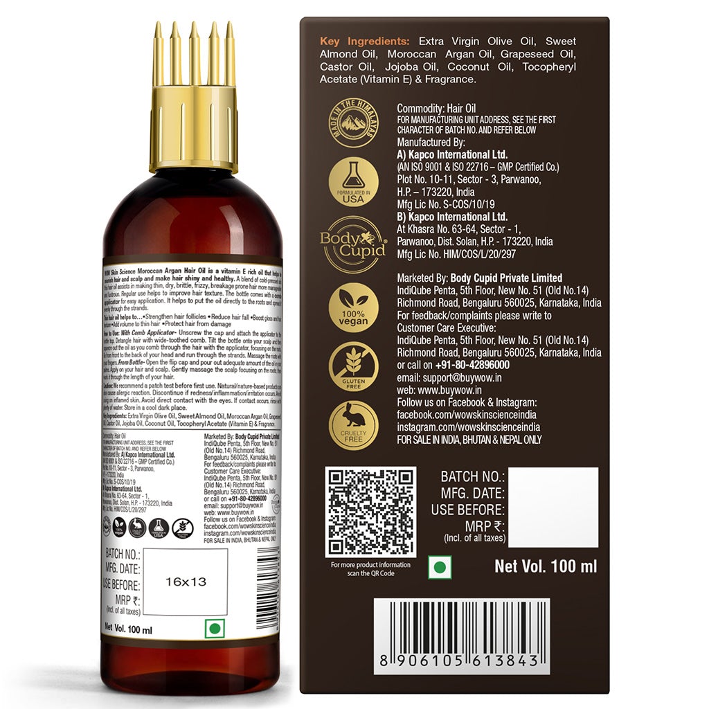 WOW Moroccan Argan Hair Oil - WITH COMB APPLICATOR - Cold Pressed - No Mineral Oil & Silicones - 100 ml