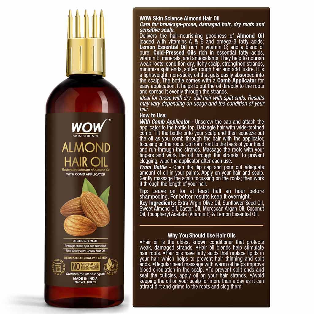 WOW Almond Hair Oil - infused with Almond Oil - with Comb Applicator - Non Sticky & Greasy Hair Oil - 100mL