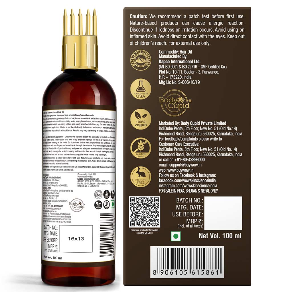 WOW Almond Hair Oil - infused with Almond Oil - with Comb Applicator - Non Sticky & Greasy Hair Oil - 100mL