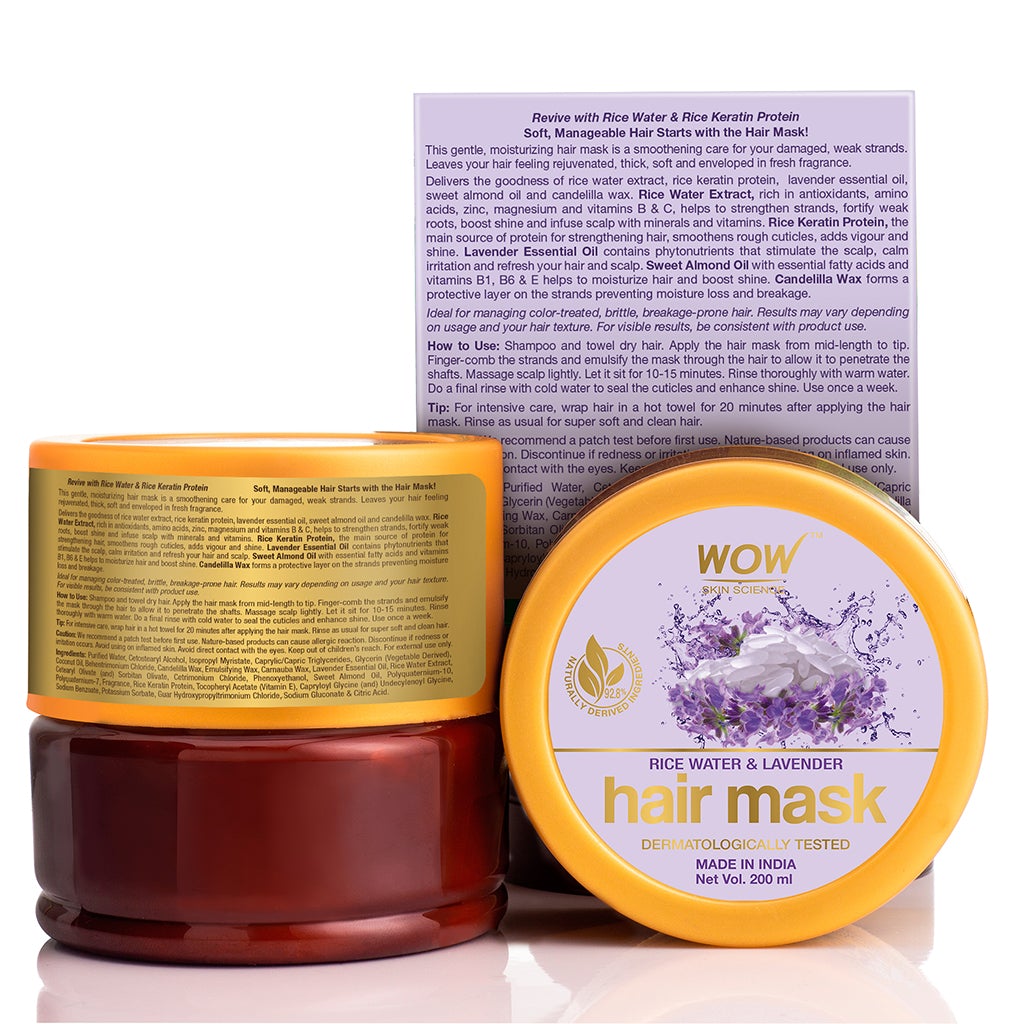 WOW Rice Hair Mask with Rice Water, Rice Keratin & Lavender Oil for Damaged, Dry and Frizzy Hair - No Mineral Oil, Parabens, Silicones, Synthetic Color, PEG - 200mL