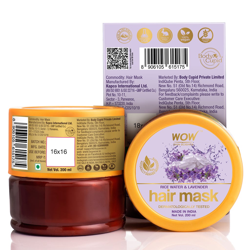 WOW Rice Hair Mask with Rice Water, Rice Keratin & Lavender Oil for Damaged, Dry and Frizzy Hair - No Mineral Oil, Parabens, Silicones, Synthetic Color, PEG - 200mL