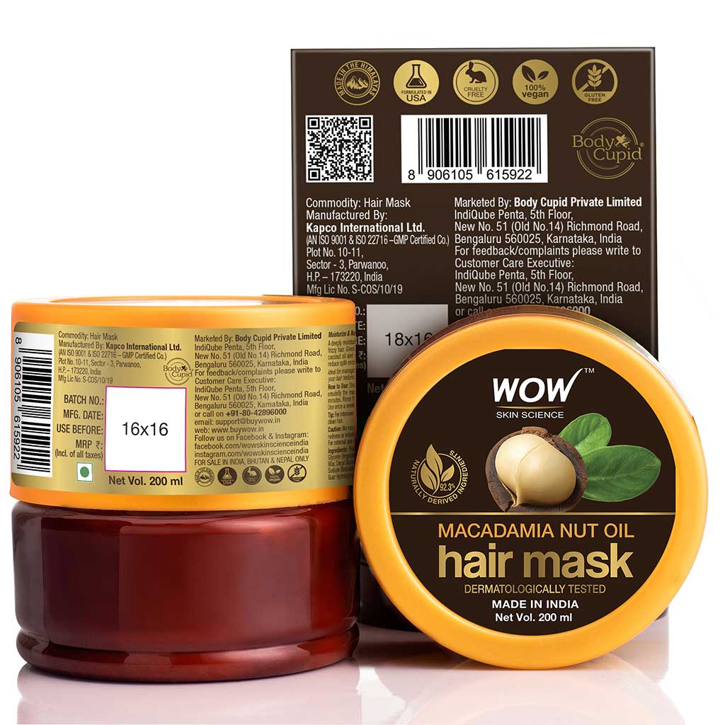 WOW Macadamia Nut Oil Hair Mask - Deeply Rejuvenating - For Dry, Brittle, Coarse & Curly Hair - No Mineral Oil, Parabens, Silicones, Color & PEG - 200ml