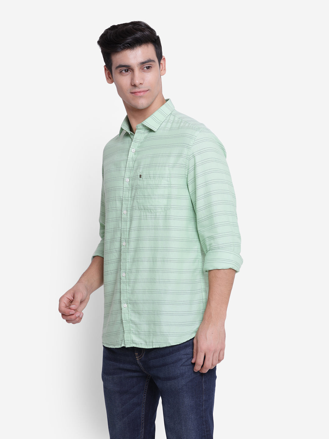 TURTLE Striped Green Slim Fit Causal Shirt OTSH-93891-1002-39-F-SF