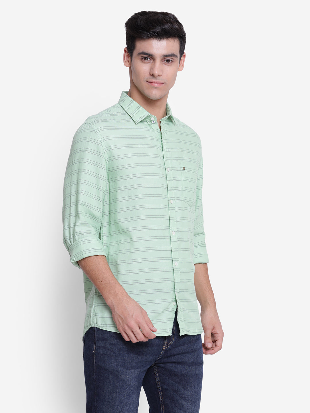 TURTLE Striped Green Slim Fit Causal Shirt OTSH-93891-1002-39-F-SF